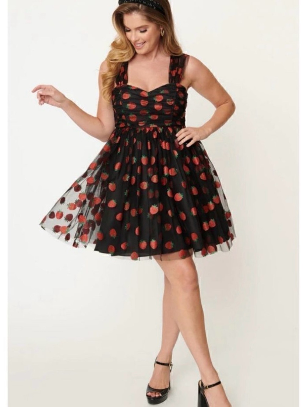 Unique Vintage Black Glitter Strawberry Print Dress